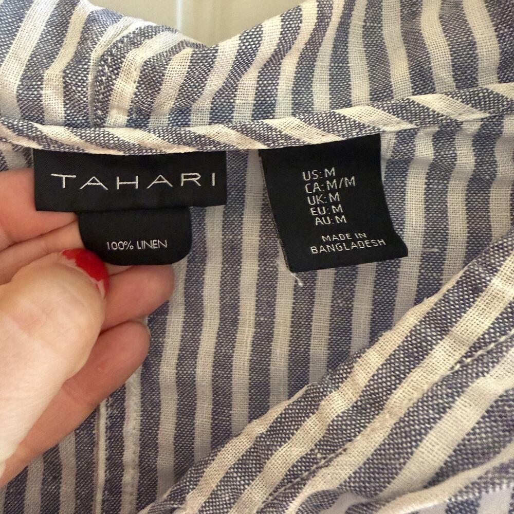Tahari 100% Linen Tunic Blouse Blue Stripe Women’s Size Medium Has Hood - Picture 4 of 9